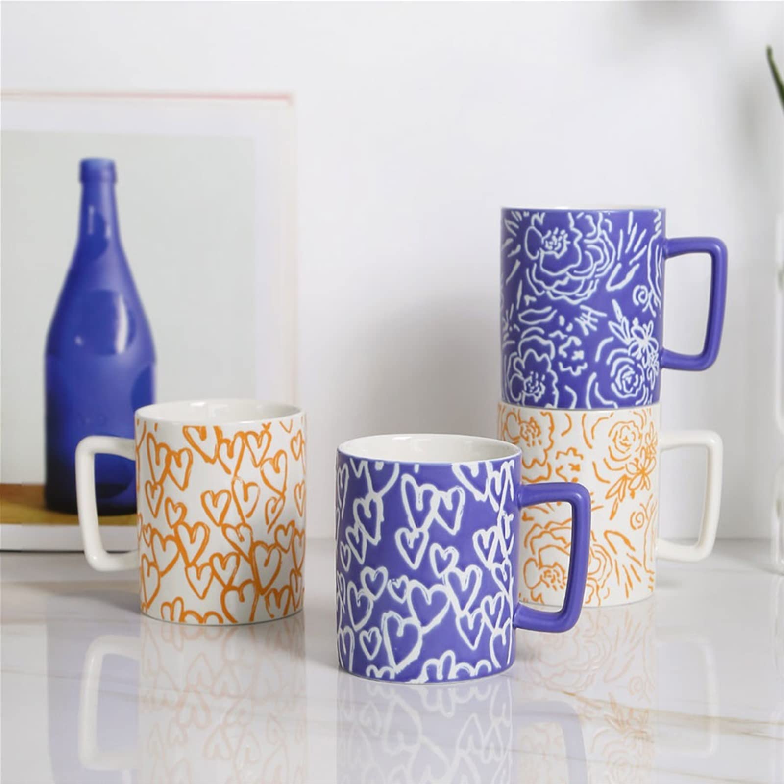 Kubki Personalizowane Ceramiczne Biurowe Kubki Do Picia Premium Domowe Śniadanie Mleko Owsiane Kubki Kwiatowy Wzór Kubek Mleko Herbata (Szary)