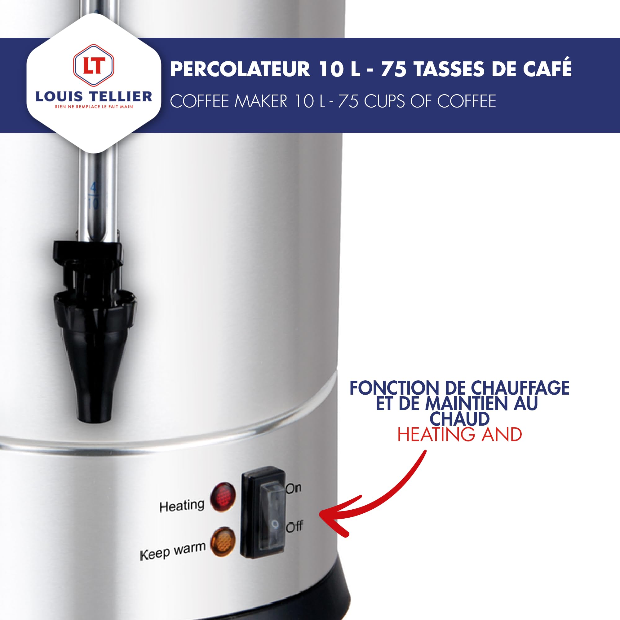 Louis Tellier - Percolateur à café professionnel - Capacité 10 L - 75 tasses - INOX - Filtre en inox - Robinet anti-gouttes