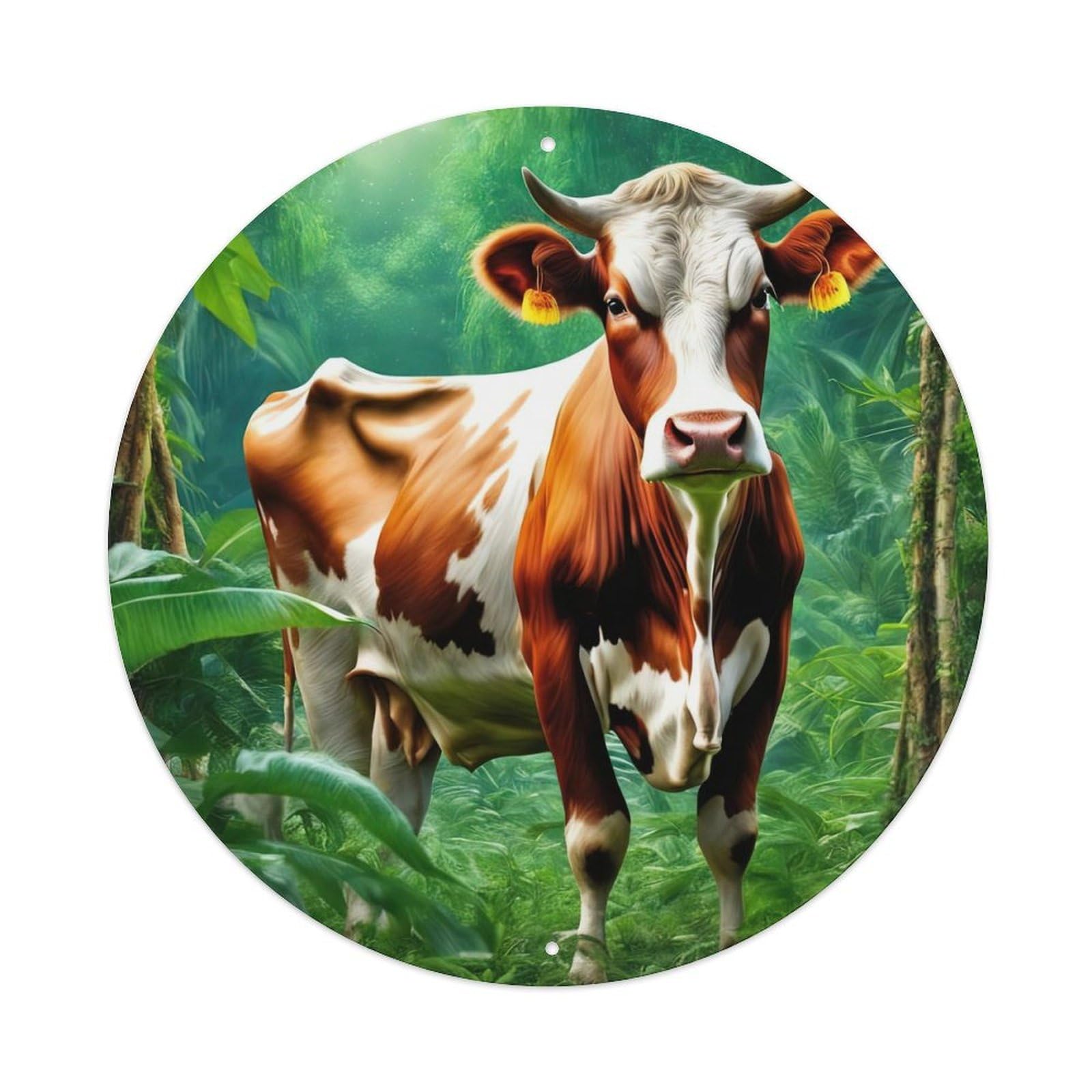 Animal Artwork Cows in The Forest Vintage Metal Tin Sign Plaque Wall Decor for Cafe, Club, Garden Round Metal Poster 8x8Inch