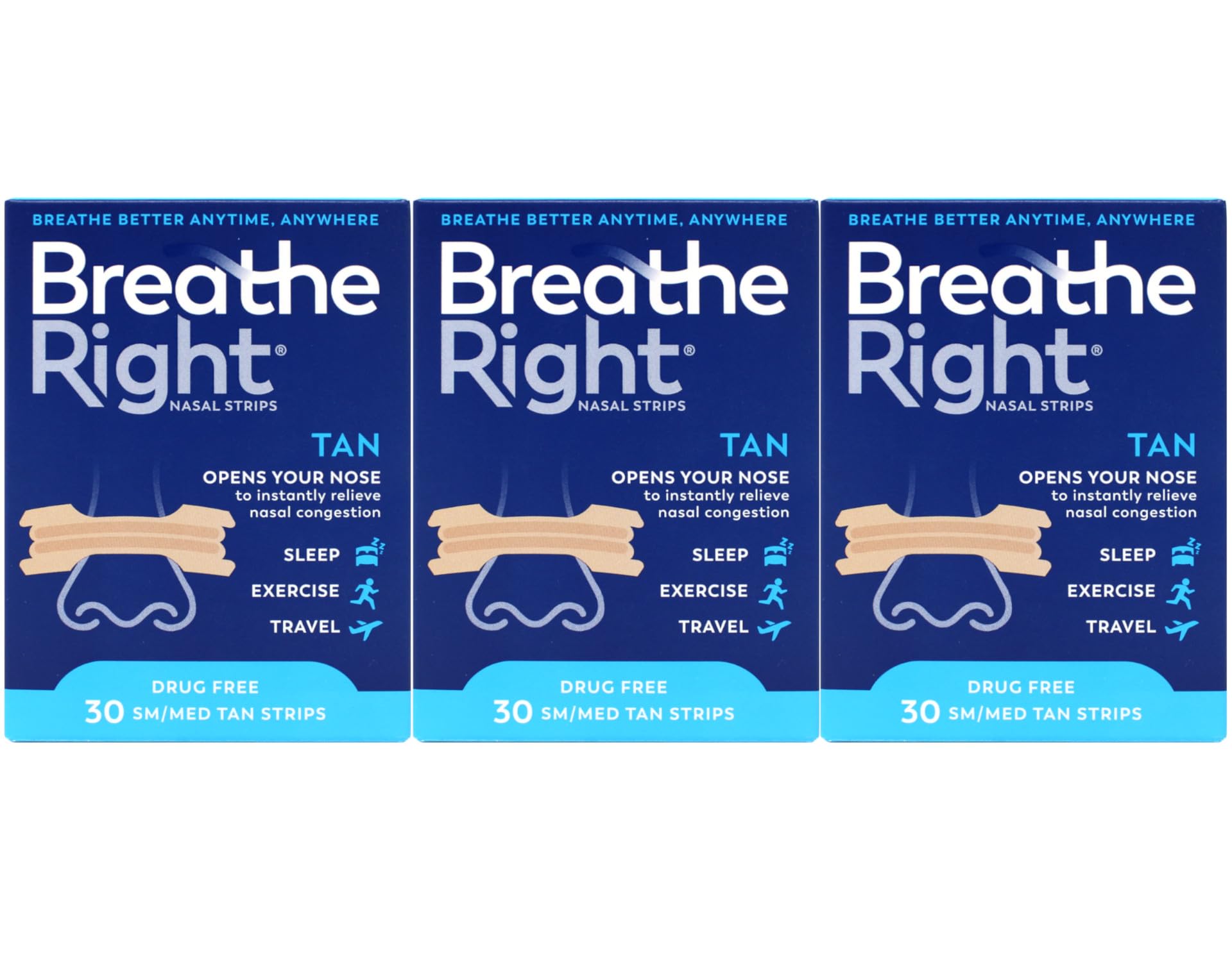 Breathe RightNasal Strips Original Tan Small/Medium 30 ea (Pack of 3)