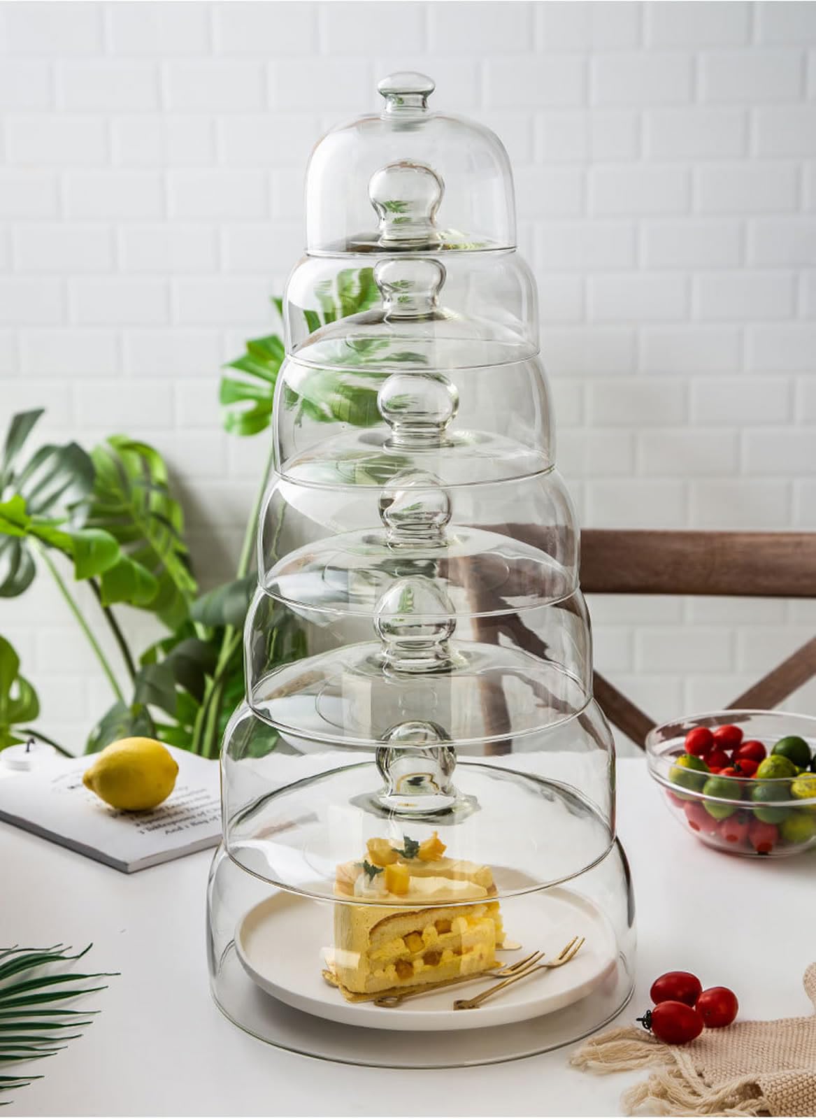 Cubierta de pastel,Cubierta de cúpula de cristal para soporte de tartas,Cubierta de comida de sushi de donut,Cubierta antipolvo para el té de la tarde,Transparente (ángulo redondeadas, 23cm)