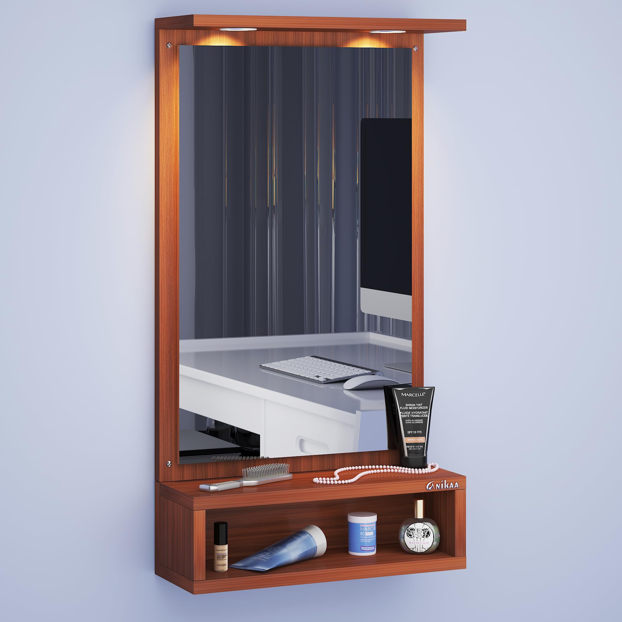 Anikaa Jinny LED Light Wall Hanging Dressing Mirror Home Decor Wall Mirror Decorative Wall Mirror for Living Room Bedroom - Walnut (D.I.Y - Do-It-Yourself)-picture-19