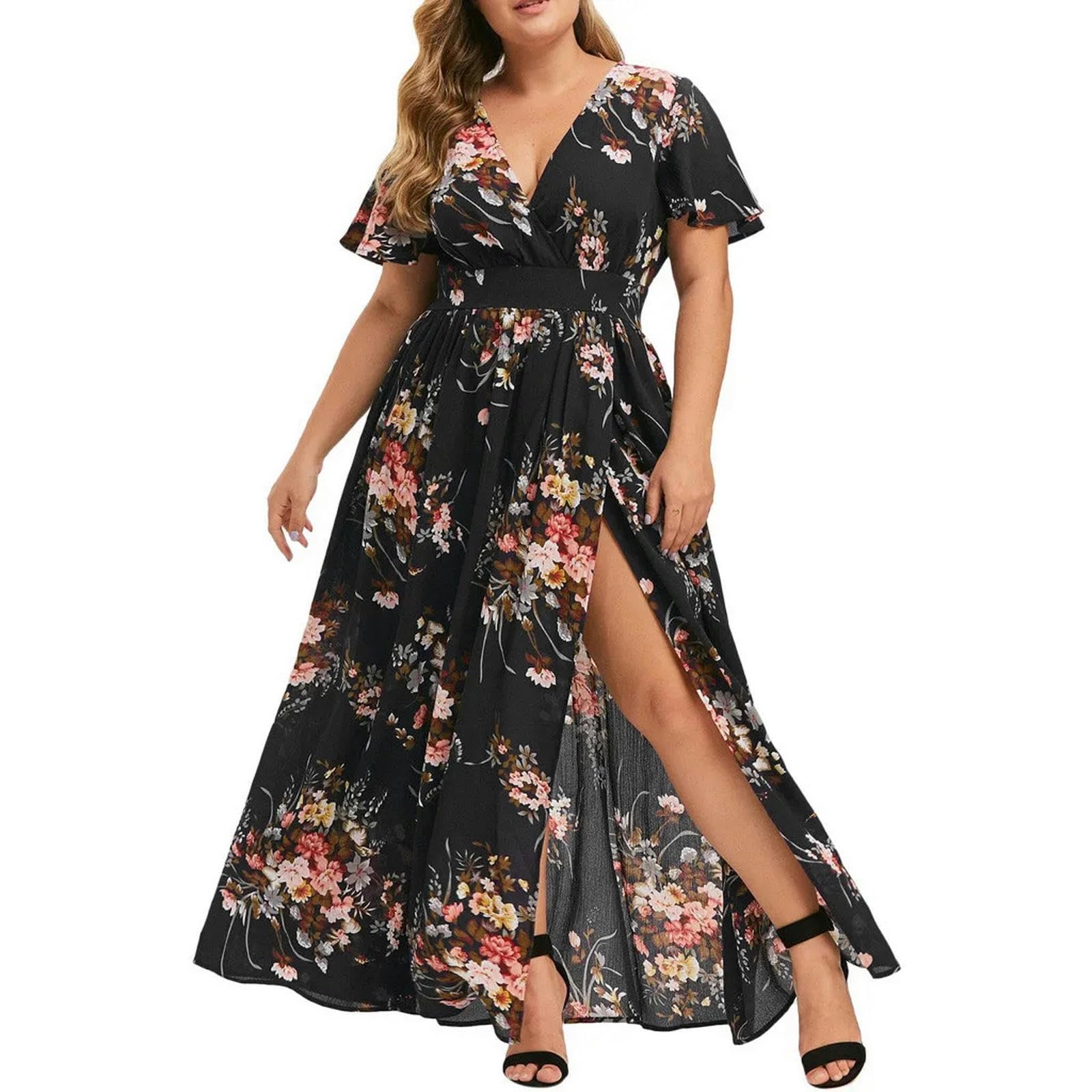 Vestido Largo Bohemio de Manga Corta Estampado Retro Vestido de Mujer de Verano Extra Grande 5Xl Vestido de Sol de Cuello V, HUTALIM, Negro, 3XL
