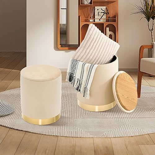 Miniatura 10 de Otomana redonda con almacenamiento juego de 2, otomanas tapizadas de terciopelo, taburete de tocador, otomanas multifuncionales, mesa de café,