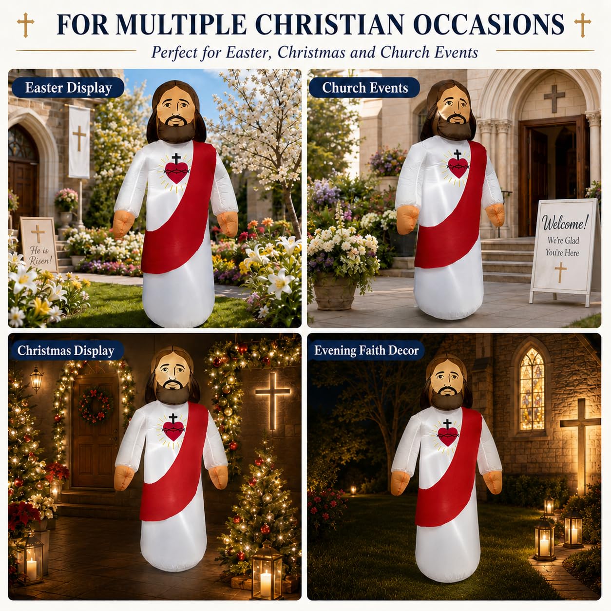 Décoration gonflable Jésus-Christ de 1,5 m avec lumières LED, décoration religieuse gonflable pour extérieur, pelouse, jardin, église, décoration de Noël, Pâques, vacances