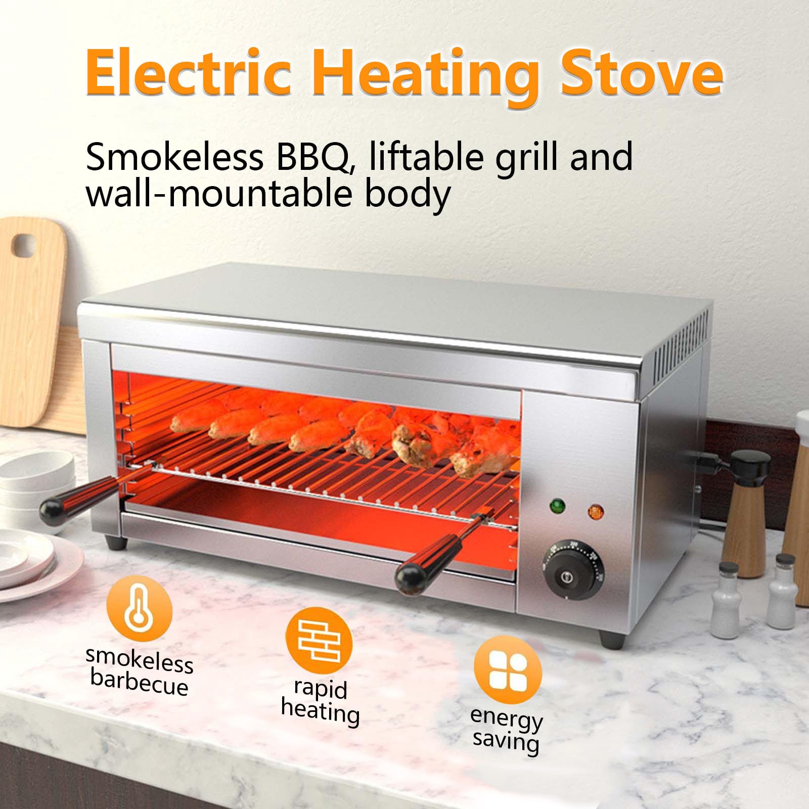 Elektryczna patelnia grillowa, 2000 W, grill do topienia sera, 4 regulowane wysokości, piekarnik ze stali nierdzewnej do topienia sera, kanapek tostowych, steków - 50-300°C