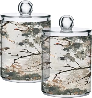 2 Pack Qtip Holder Organizer Dispenser Crane Tree Painting Bathroom Storage Canister Cotton Ball Holder Container for Cotton Pads/Swabs/Floss