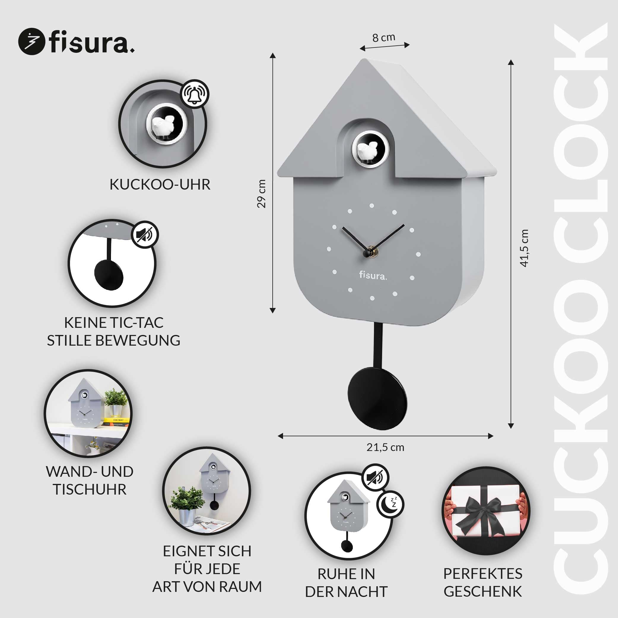 Fisura - Graue Kuckucksuhr mit weißem Zifferblatt. Wanduhr. Originelle Wanduhr als Geschenk. 3 AA-Batterien Nicht enthalten. Maße: 21 – Bild 2