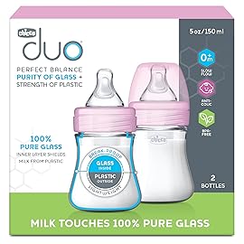 Chicco Duo 5oz. Hybrid Baby Bottle with Invinci-Glass Inside and Plastic Outside | Dishwasher, Bottle Warmer, and Electric Sterilizer Safe | Intui-Latch Nipple | Clear/Pink, 2pk