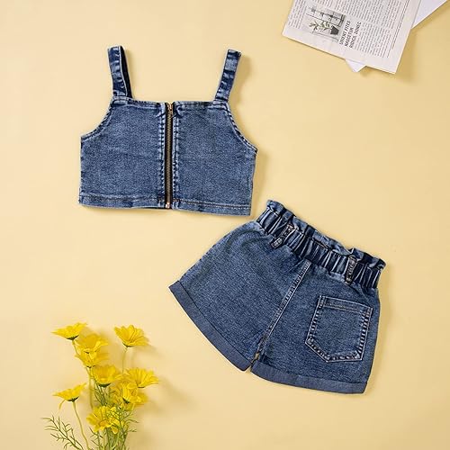 Vista 2 de Conjunto de 2 piezas de jeans para niñas pequeñas, camisetas cortas de mezclilla con hombros descubiertos y jeans rasgados de cintura alta