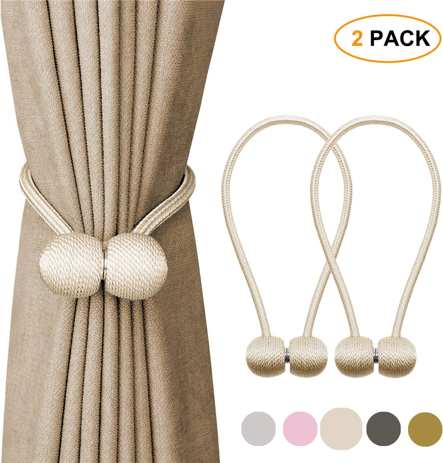 Strong Magnetic Curtain Tiebacks Clips, Decorative Window tie Backs Holders Holdback Rope, for Home Office Decorative Living Room Design Drapery Buckle, 16 Inch Beige Gray Pink Gold 2 Pack