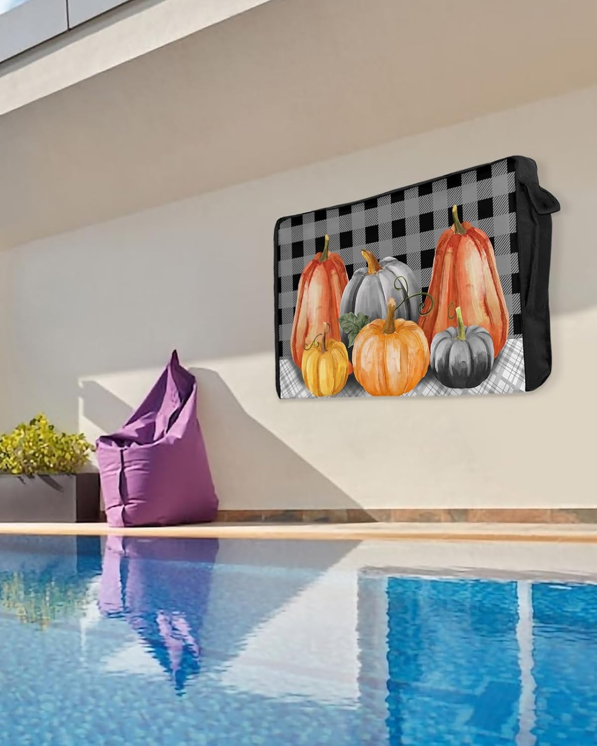 Outdoor TV Cover - Fall Pumpkin Black Gray Lattice Waterproof and Weatherproof 52"-55" LCD Movable Shield TV Display Screen Protector Outside Television Covers