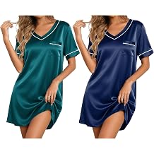 Ekouaer Short Sleeve Satin Sleep Dress for Women Silk Sleepwear 2 Pack