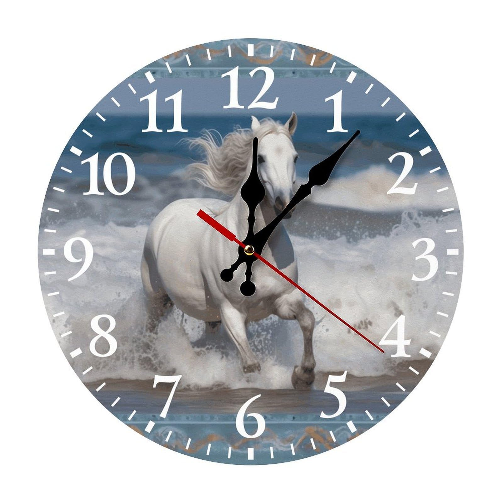 Horloge murale salon motif cheval blanc sur la mer pour décor de maison