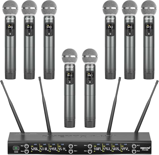 Phenyx Pro Wireless Microphone System, 8-Channel Metal Wireless Mic Set ...