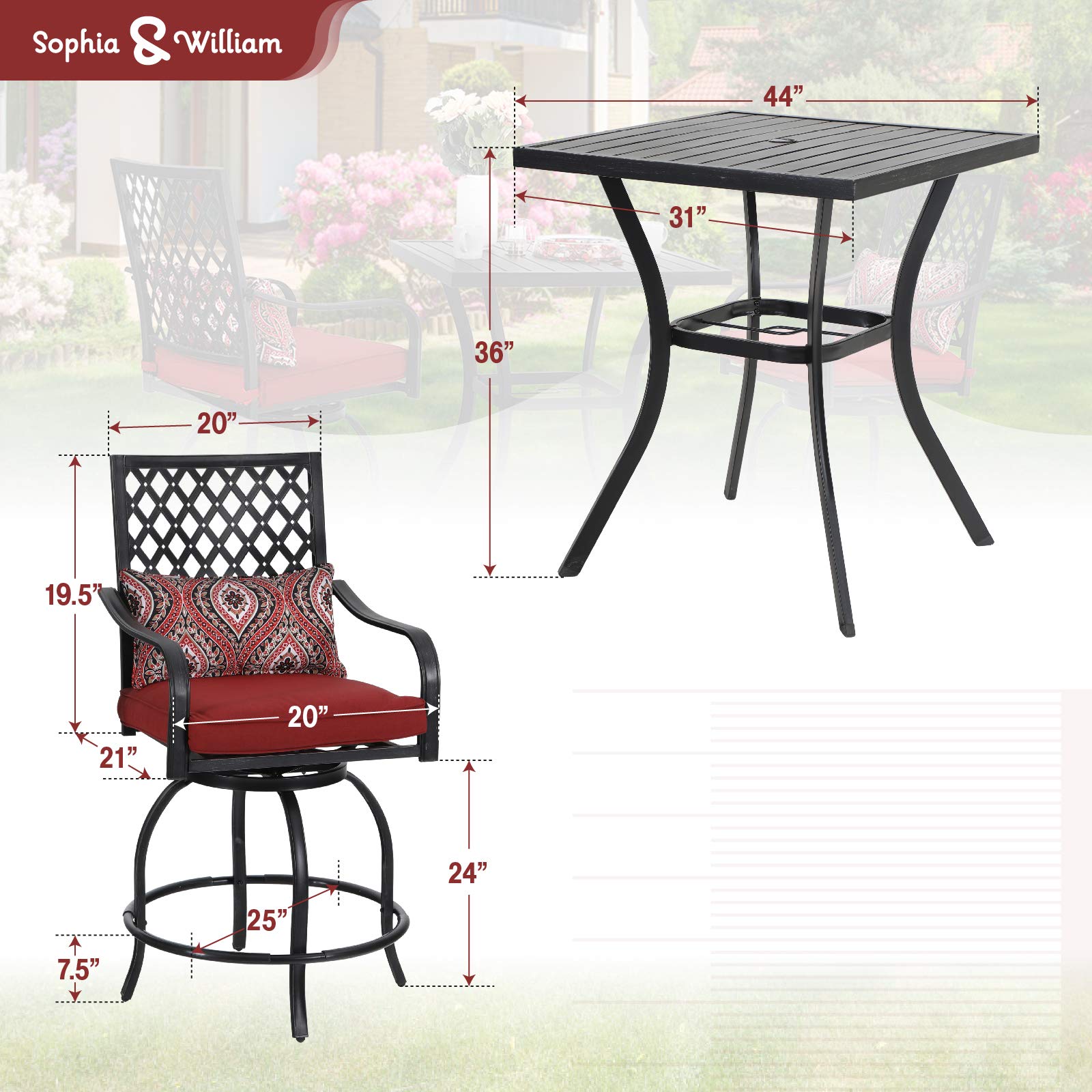 Sophia & William Patio Bar Set, 3 Pieces Outdoor Bistro Set with 2
