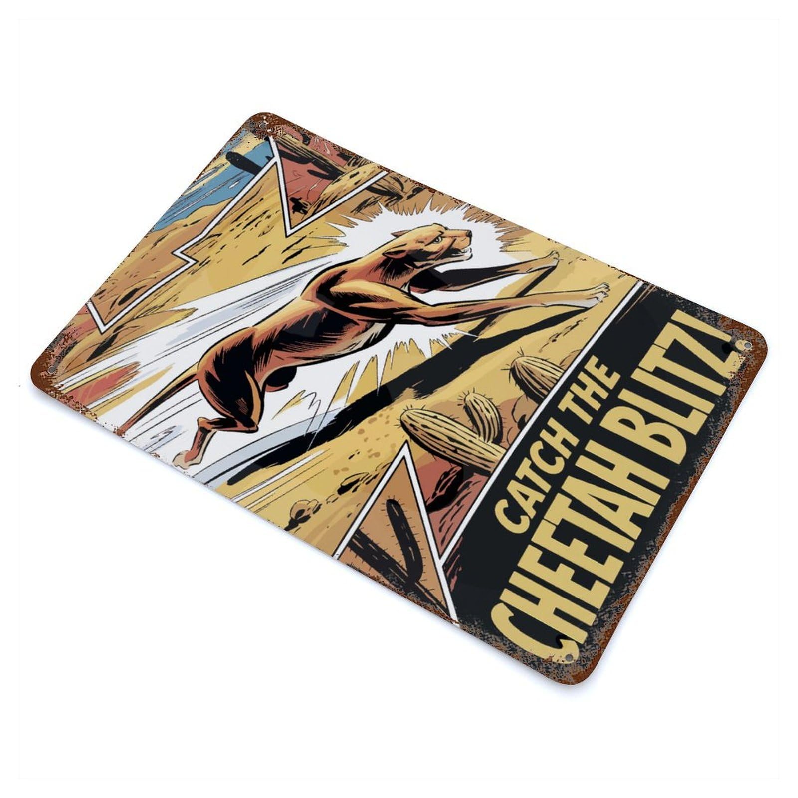Rust Effect Cheetah Blitz Comic Art Aged Metal Wall Plaque 11.8"x7.9", Farmhouse Wall Decor for Office, Studio And Wall Decor