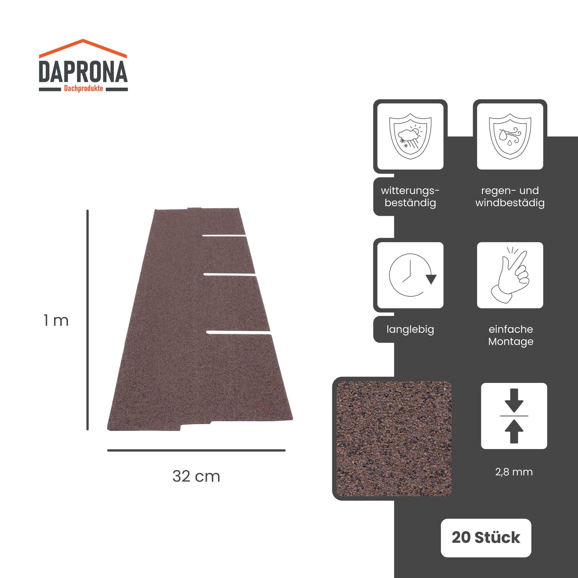 20x Bitumen Dachschindeln Rechteck Braun 1 m x 32 cm – 2,6 m² selbstklebend mit Glasvlieseinlage – wetterfest & UV-beständig für Gartenhaus, Carport, Garage, Pavillon