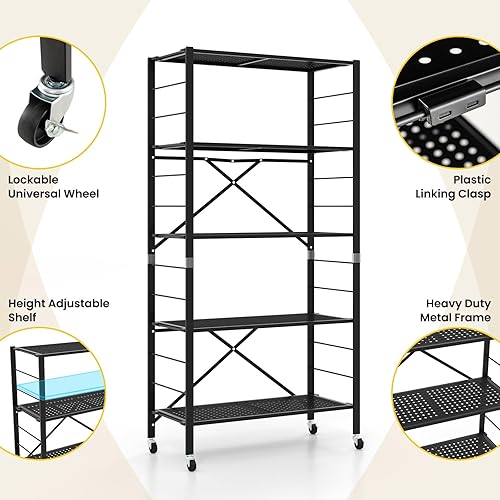 Miniatura 6 de GOFLAME Estantes de almacenamiento plegables de 5 niveles, estantes ajustables con ruedas, estantería desmontable, gran capacidad, estante de