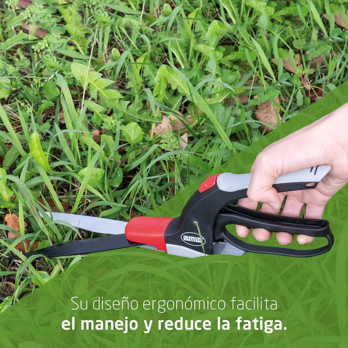 Amig - Tijera Cortacésped - Cuchillas de Acero SK5 Recubiertas de Teflón - Hoja de 380 mm - Cabeza de Corte Giratoria 360º - Mango Inferior con Protección para Bordes y Piedras - Para Podar