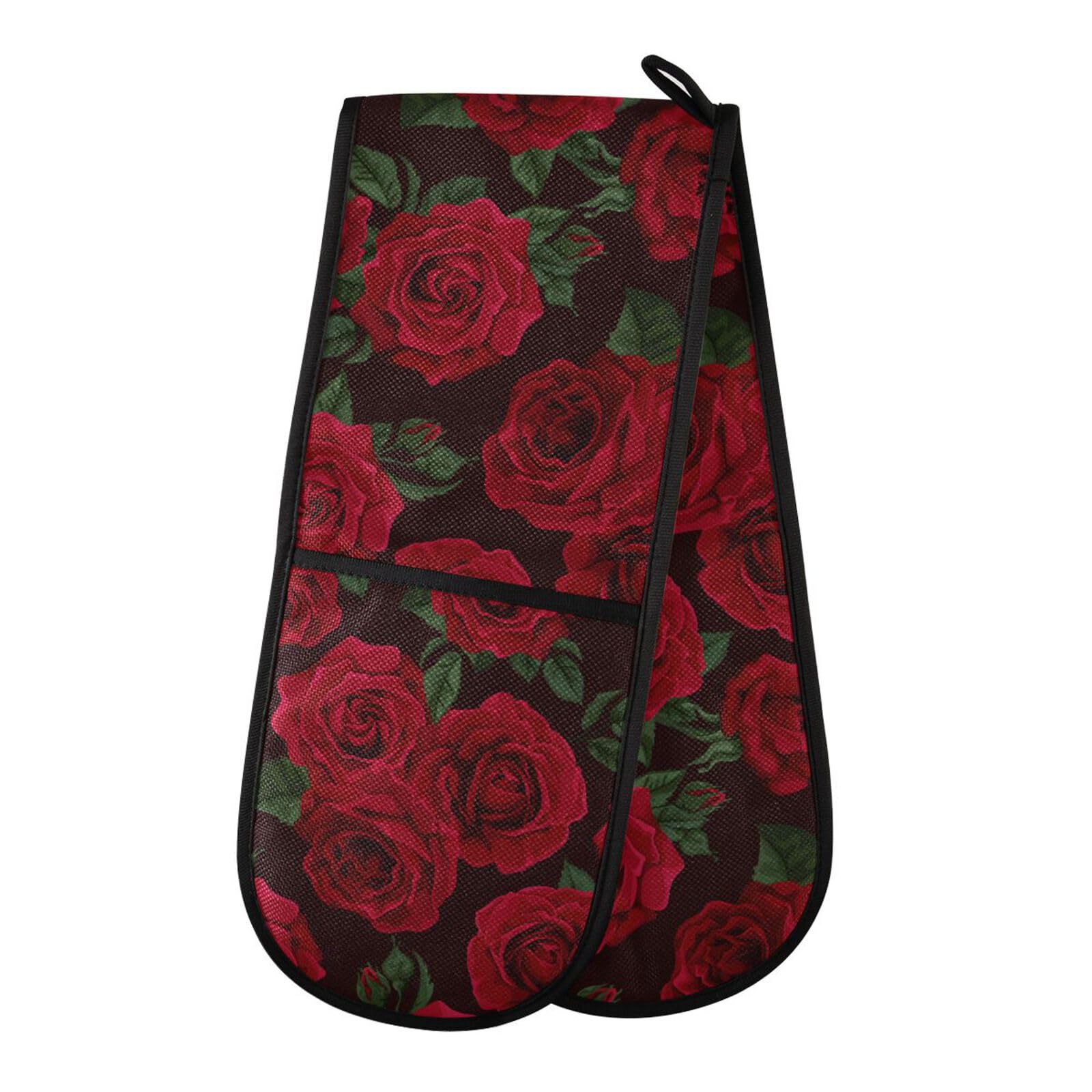 Double Oven Gloves Heat Resistant Red Rose Flower Double Oven Mitts Pot Holder Heat Protection Oven Gloves for Home Kitchen Baking Cooking BBQ Microwave