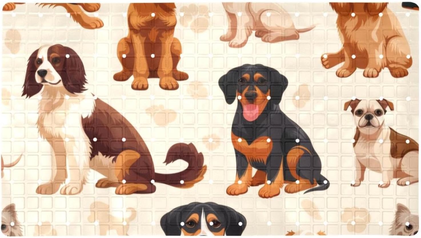 Variety of Dog Seamless Pattern Bath Tub and Shower Mats, Non Slip Bathmat with Drain Holes and Suction Cups for Bathroom Floor, 15.1 x 26.8 Inch
