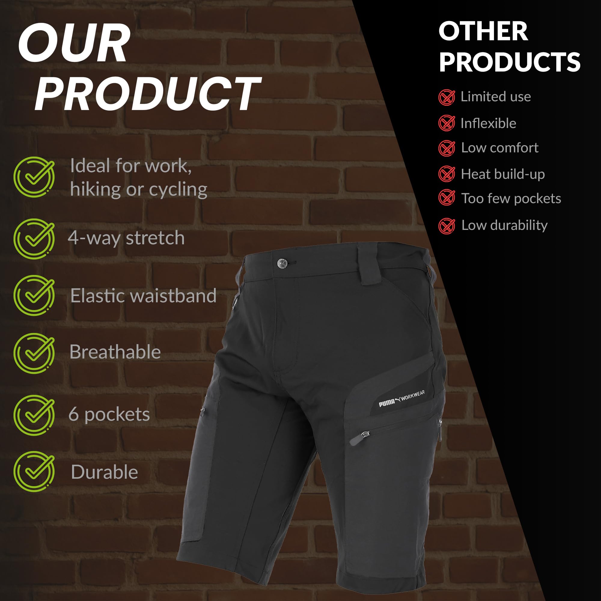 PUMA Workwear Pro-One Adventure Short de randonnée pour homme - Nylon renforcé et durable - Pantalon de trekking avec stretch 4 directions - Avec anneau en D - Pantalon d'extérieur
