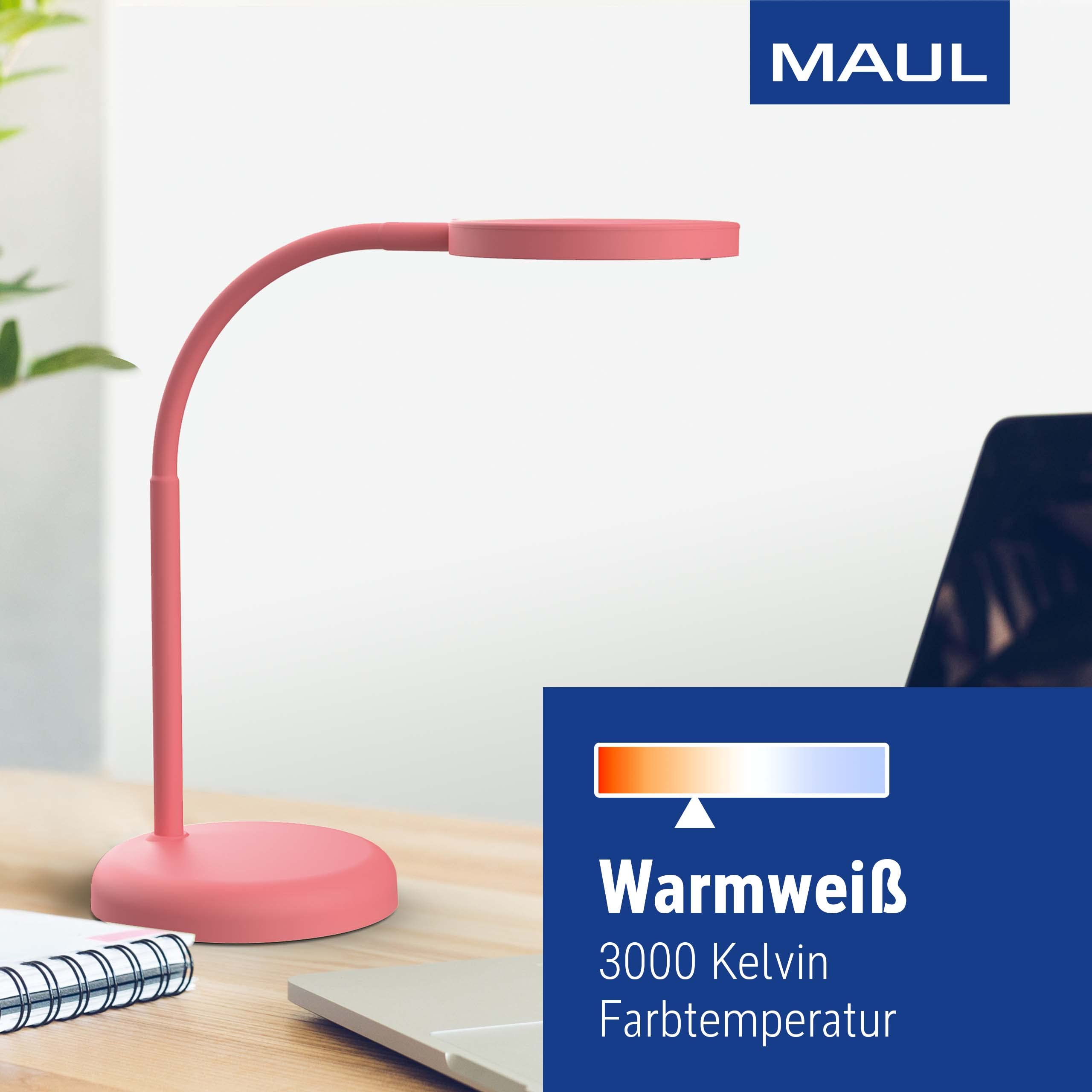 MAUL MAULjoy lampa LED, lampa biurkowa na stabilnym stojaku, mała oszczędzająca miejsce lampa biurkowa do stołu i biura, elastyczna lampa o temperaturze barwowej 3000 K, dotyk różu | Przyjemne ciepłe światło, elastyczne ramię z regulacją wysokości, stabil