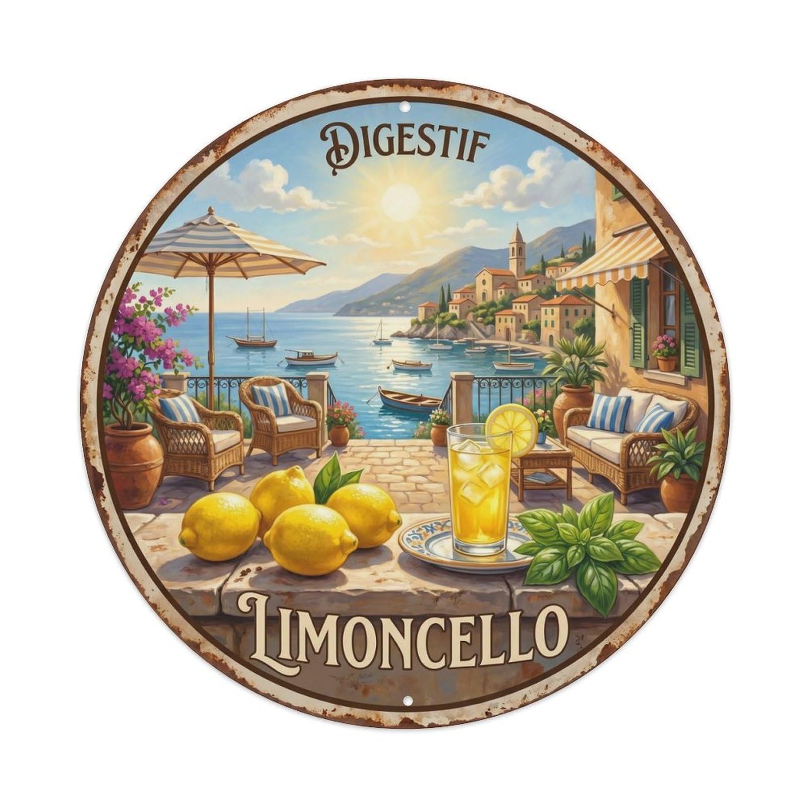Fqcyn Style Sunshine Limoncello Afternoon Metal Tin Sign Plaque Wall Decor For Cafe, Club Bar, Office, Home Garden Round Metal Poster 8X8inch
