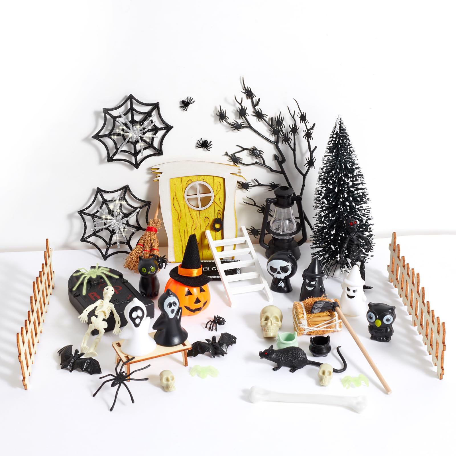 41 pcs Mini House Halloween Decoration Accessories Outdoor Statues, 1:12 Landscape Sculpture Set for Miniature Scene Fairy Garden Party Decor with Pumpkin Ghost Tombstones