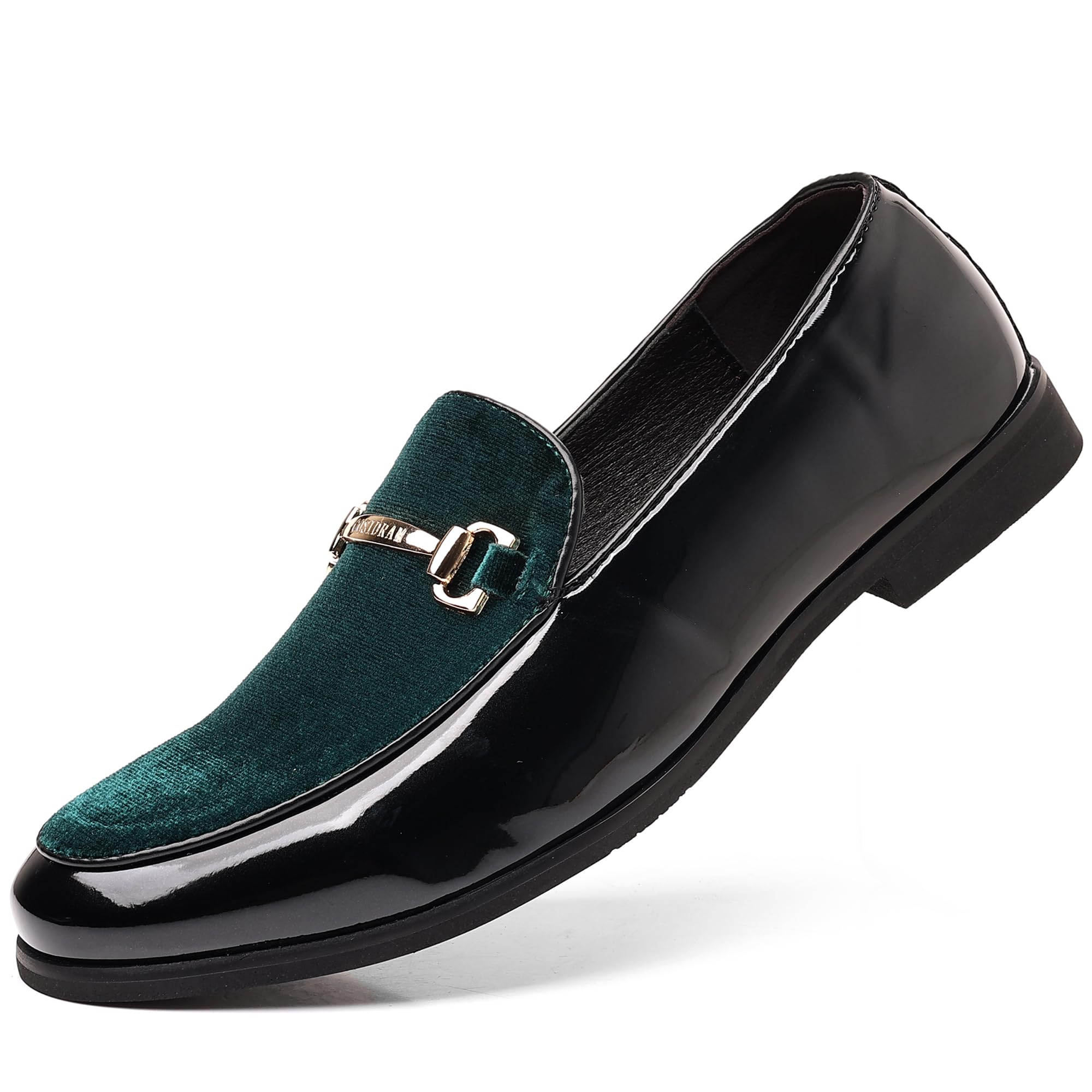 COSIDRAM Men's Casual Shoes Fashion Velvet Patent Leather Loafers Classic Gold Buckle Business Party Shoes 13 A/Green