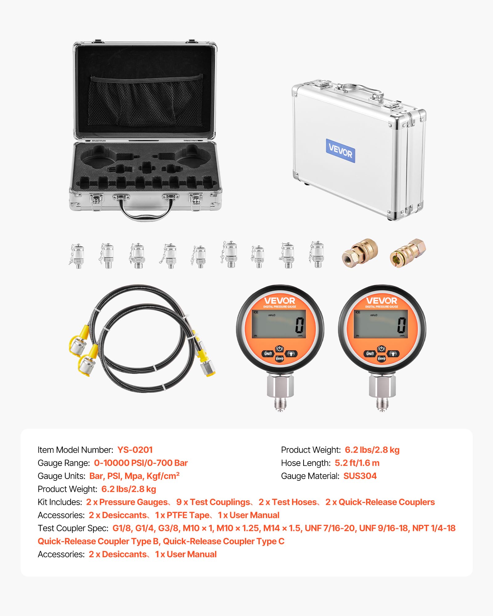 VEVOR digitales Hydraulikdruck Testkupplungsset, 10000 PSI Druckmessgerät Manometer Tester mit 2 Messgeräten & 9 Testkupplungen & 2 Schnellkupplungen & 2 Schläuchen für Bagger Baumaschinen