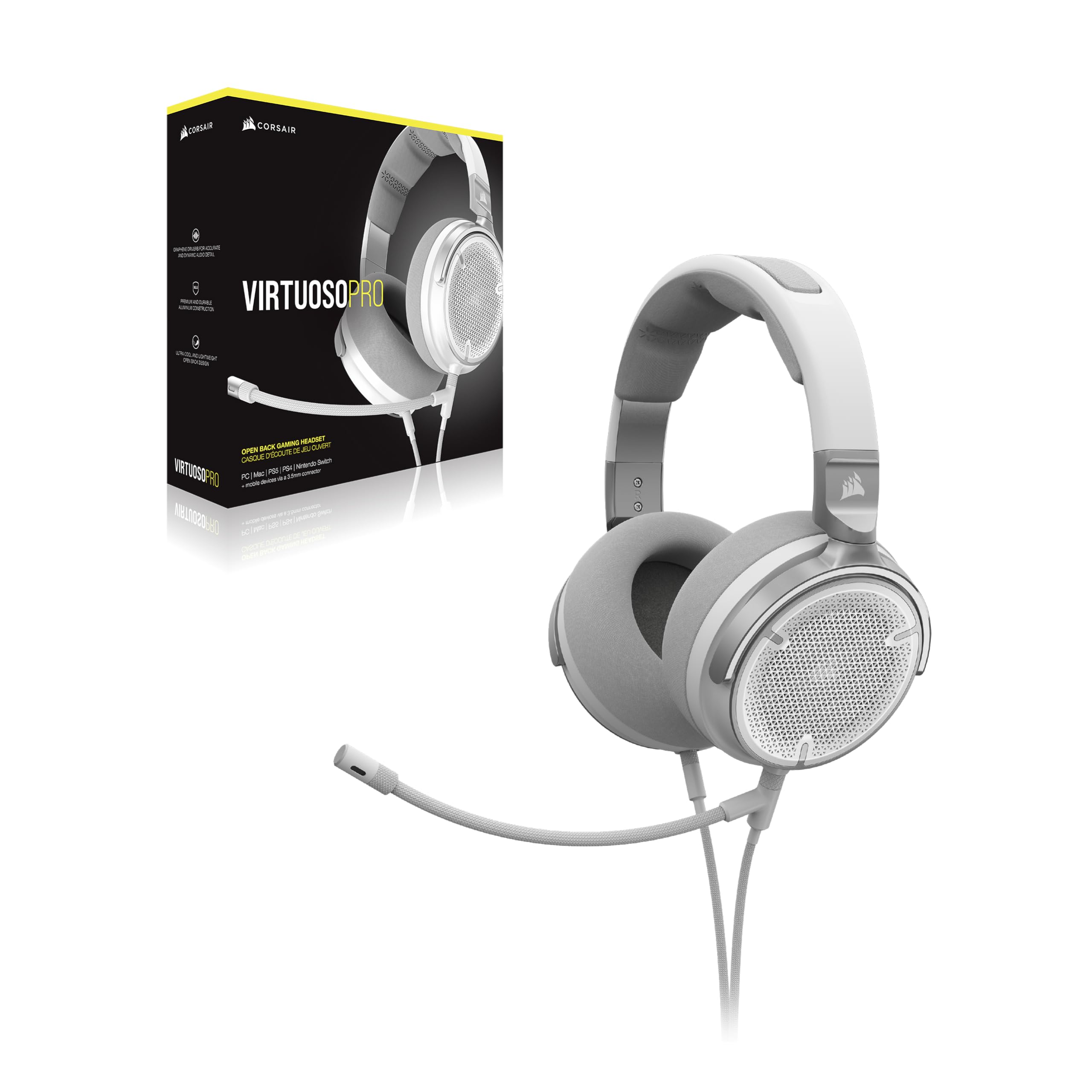 Corsair Virtuoso Pro Casque de Jeu Ouvert Filaire - Microphone Unidirectionnel Détachable - Conducteurs en Graphène de 50 mm - Réponse en Fréquence 20Hz-40 kHz - Blanc