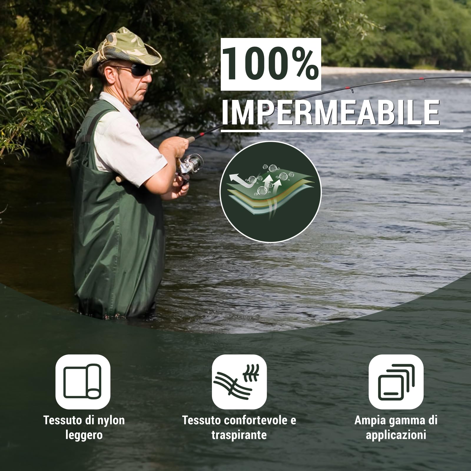 IEEILULU Waders Pesca da Uomo, Waders da Uomo con Stivali da Pesca 40-47, Waders Trampolieri da Pesca Nylon Pantaloni Impermeabili Antiscivolo Regalo per Amanti Pesca Sportiva
