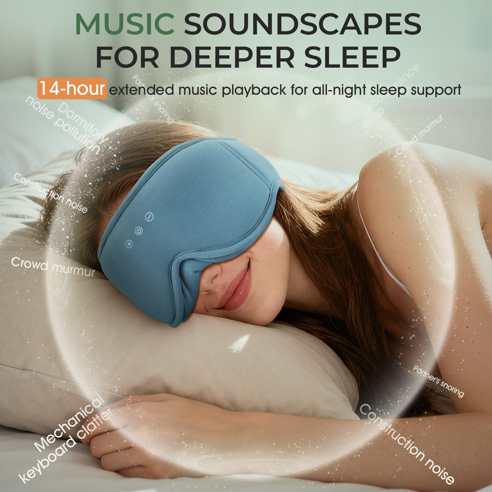 MUSICOZY Mascherina per dormire in cotone biologico di bambù, 100% oscurante, 3D, Bluetooth, mascherina traspirante per gli occhi, senza pressione oculare, cuffie per dormire sul fianco, con autonomia