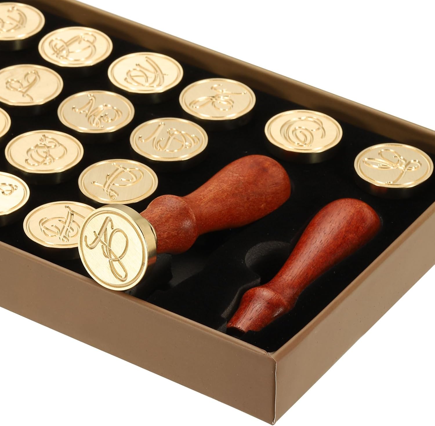 PATIKIL 26 Letters A-Z Alphabet Wax Seal Stamp Kit, Vintage Sealing Stamp with 2pcs Wooden Handles Gift Box for Wedding Invitation, Party, Gift Wrap, Envelope Card, Style 11