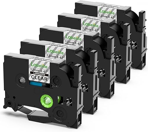 Labelife Paquete de 5 cintas TZe TZ de 0.47 pulgadas laminadas transparentes TZe-131 de repuesto para Brother Label Maker Tape Clear TZe131 TZ-131