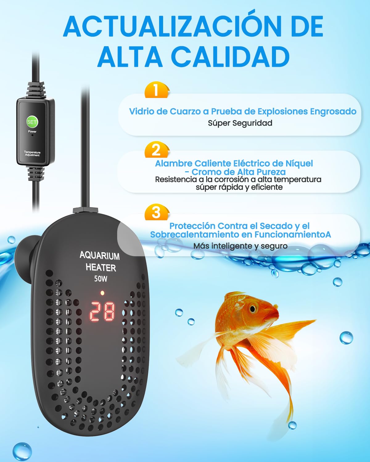 DoRight 50W Calentador de Acuario Calentador Digital de Tanque de Peces de 50L con Termómetro Pantalla de LED, Protección contra Sobretemperatura, Controlador de Externo, Termostato para Betta
