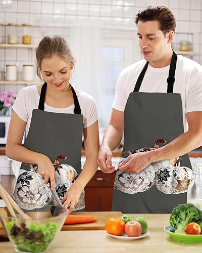 Miniatura 2 de Thanksgiving Fall Bib Aprons with Pockets Waterproof, Adjustable Apron for Men Women Pumpkin Harvest Floral Botanical Grey