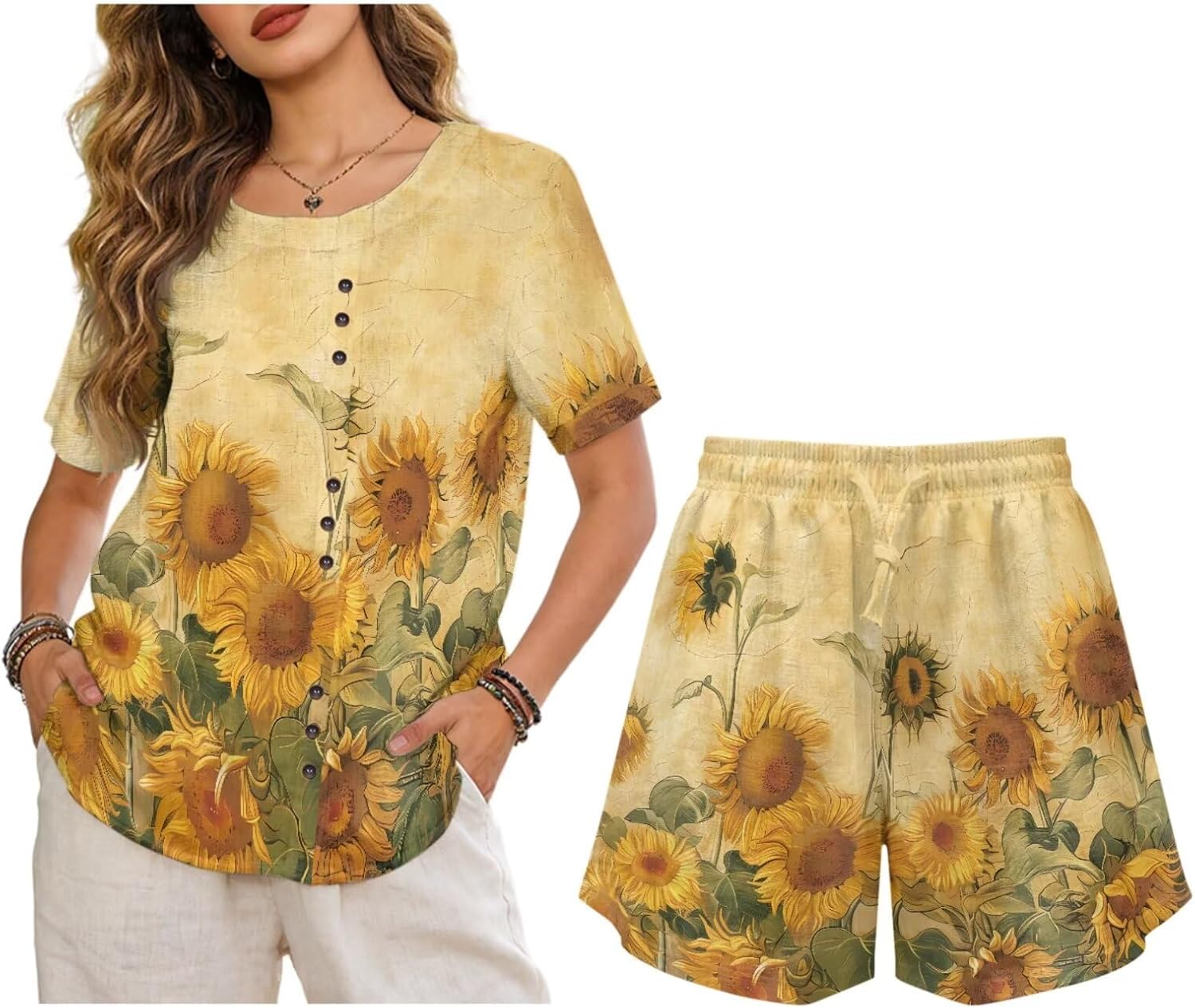 Vintage Linen Outfit Retro 70s Short Sleeve Top and Shorts Sets for Women's 2 Piece Pants Outfits Beach Sweatsuit