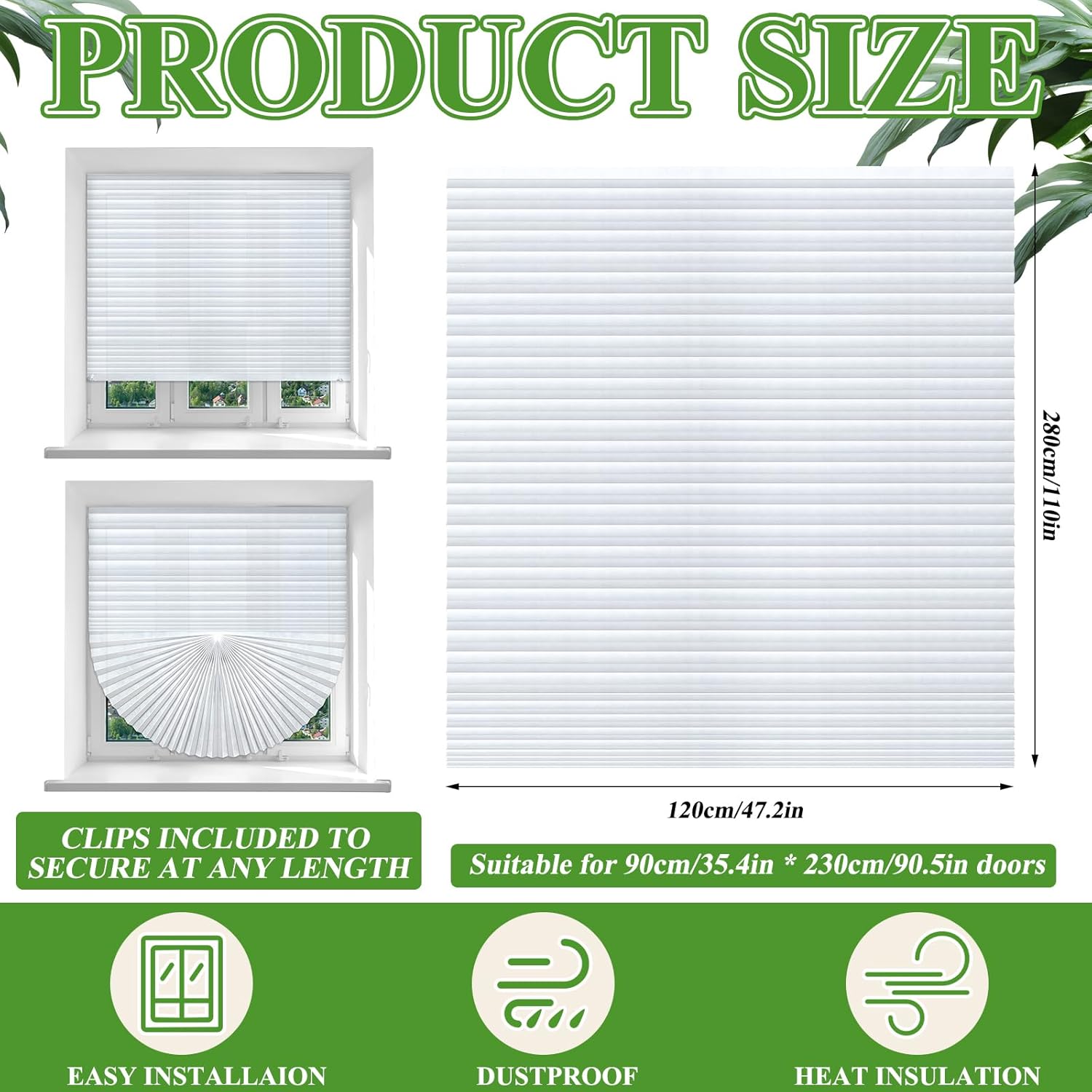 4 Pcs 48 x 110 Inches Temporary Blinds for Indoor Windows Blackout No Tools Cut to Size Fabric Paper Pleated Shades Adhesive Privacy Blinds for French Door Sliding Door Light Filtering(White)