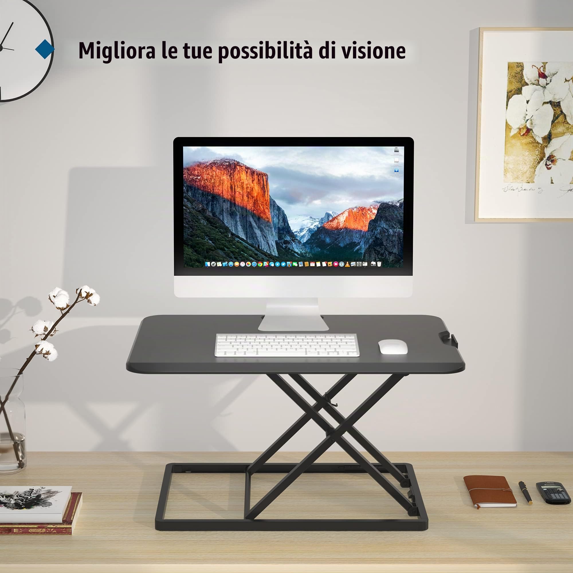BONTEC Convertitore da Scrivania Seduto-in Piedi, Workstation da Ufficio Ultra Robusta Regolabile in Altezza,Rialzo Ergonomico X-Frame, Adatto per Schermi di Computer PC, Tastiere, Laptop fino a 8 kg