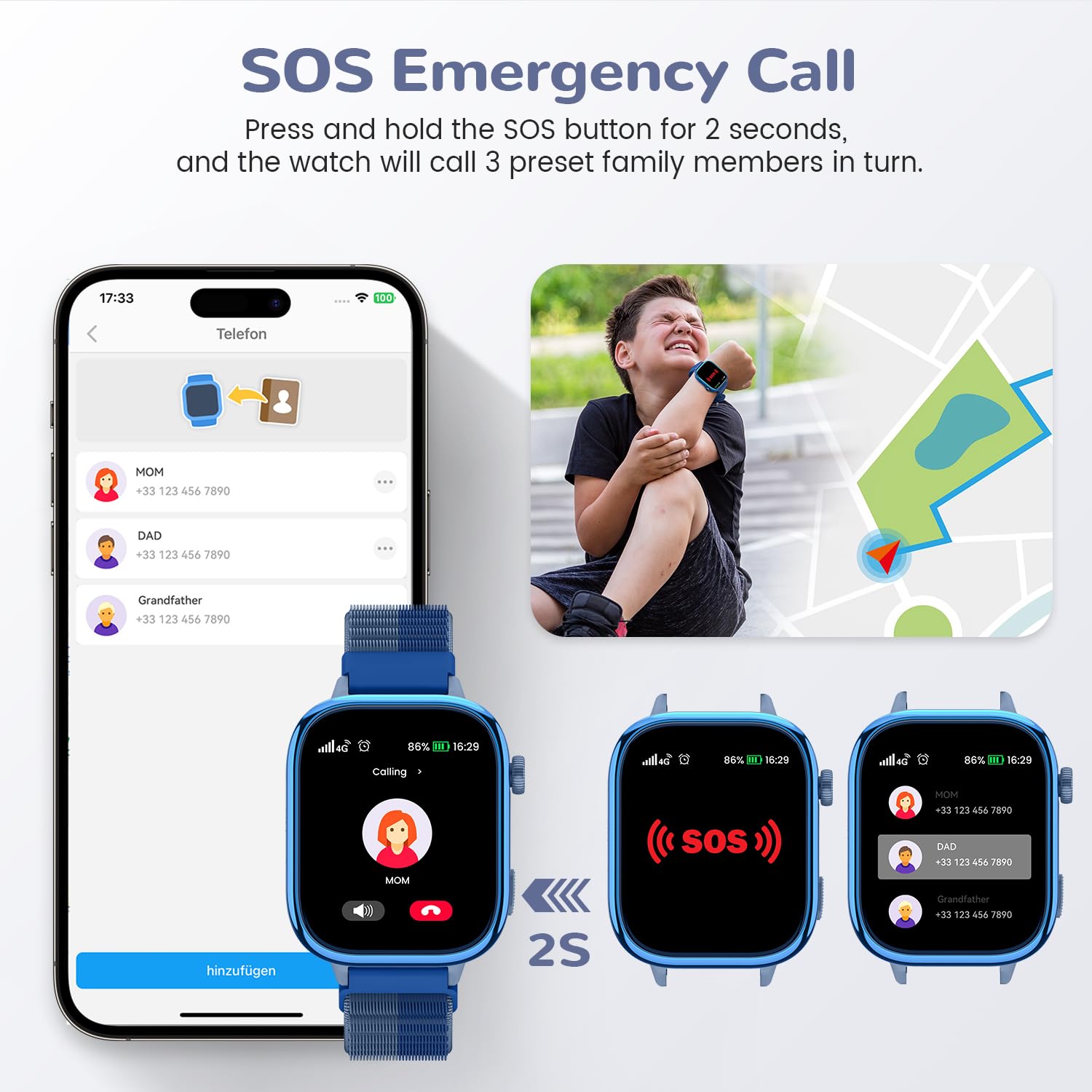 Smartwatch Kinder mit GPS und Telefon, SOS, Schulmodus, Nachrichten, Schrittzähler, IP68 Wasserdicht, Puzzlespiele, Wecker, Kids Smart Watch mit Langanhaltender Video & Phone Call, Blau