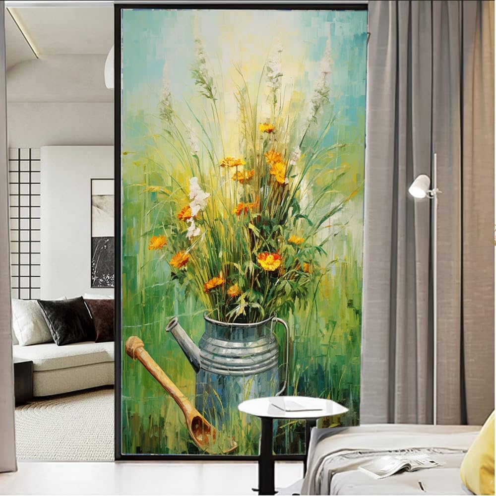 Farmhouse Flower Window Film Privacy Rustic Nature Plant Painting Window Stickers for Glass Decorative Stickers Self-Adhesive Sun Blocking Coverings 35.4Wx63L-inch