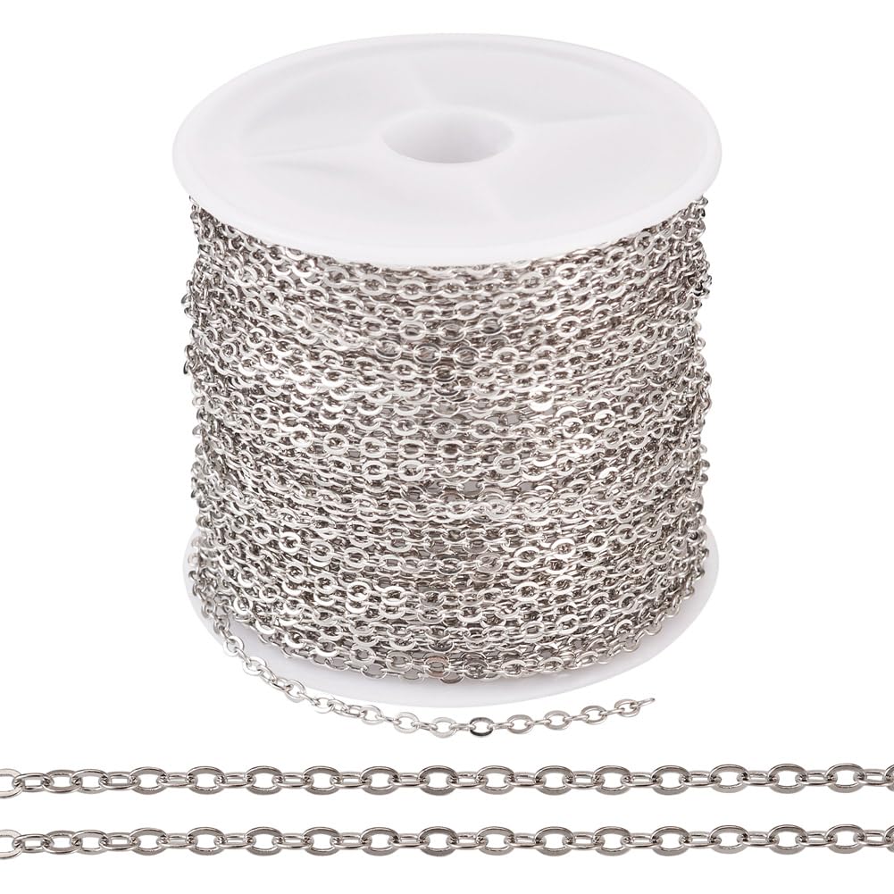 Cheriswelry 32.8 Feet Brass Coated Iron Chains Flat Oval Cable Chains with Spool Soldered Links for Women Men Necklace Bracelet Jewelry Making