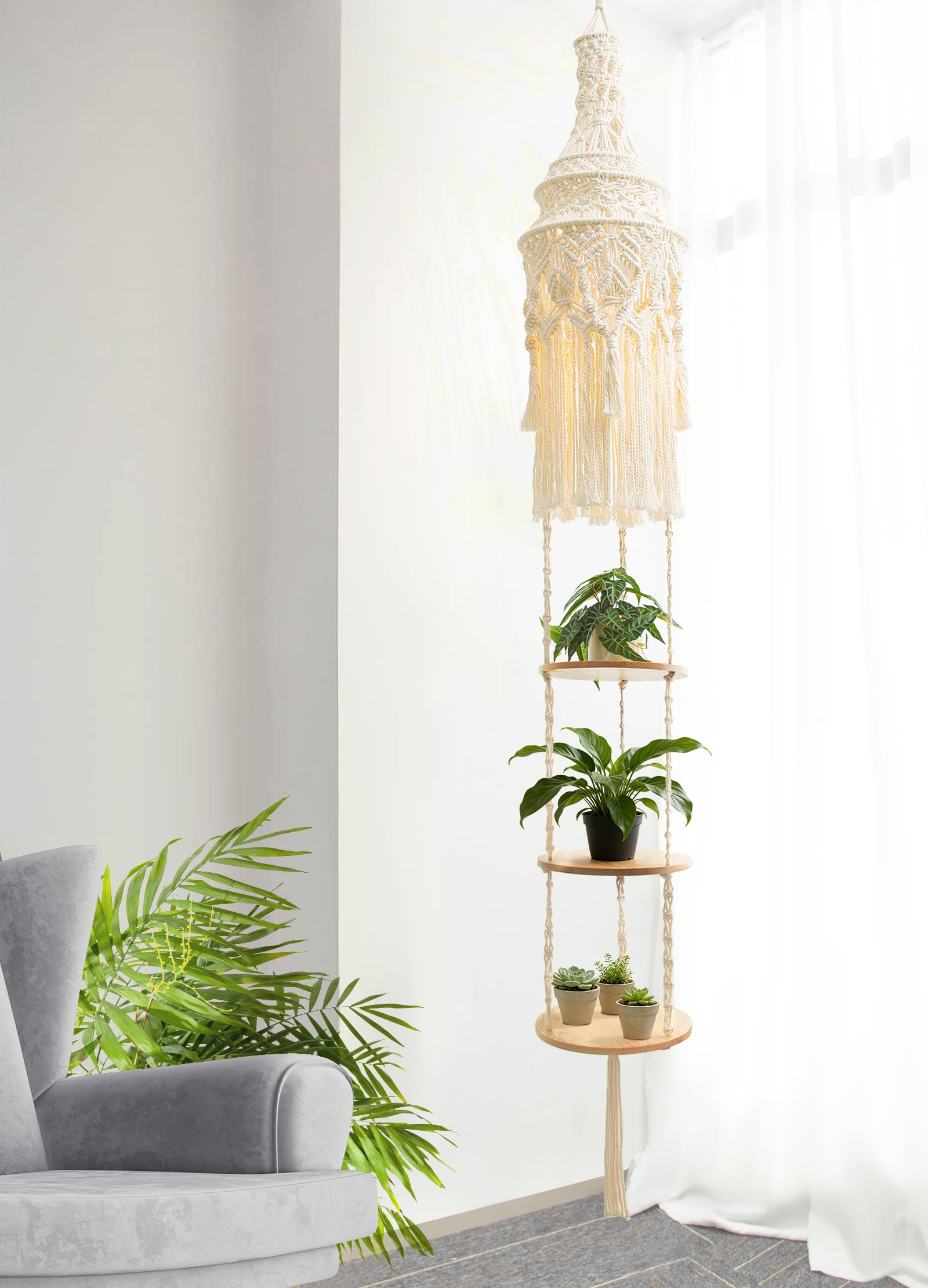 ANROYE 3-Tier Cotton Macrame Hanging Light Fixture Shelf, Boho
