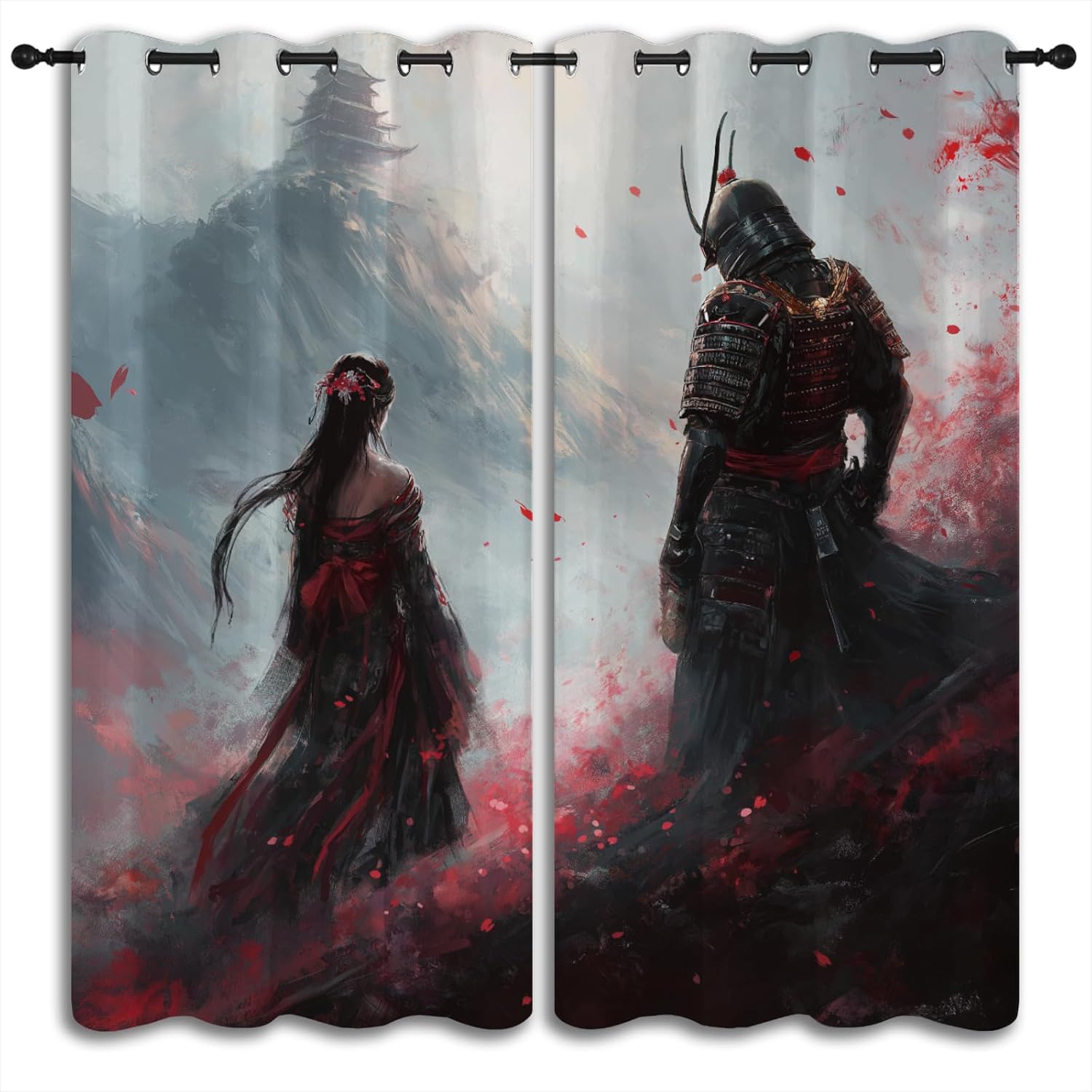 LHROOMJK Japanese Samurai Blackout Curtains for Boys Girl Bedroom Home Decor, Asian Geisha Girl with Cherry Blossoms Thermal Insulated Grommet Darkening Living Room Window Drapes, 84 x 84 inch