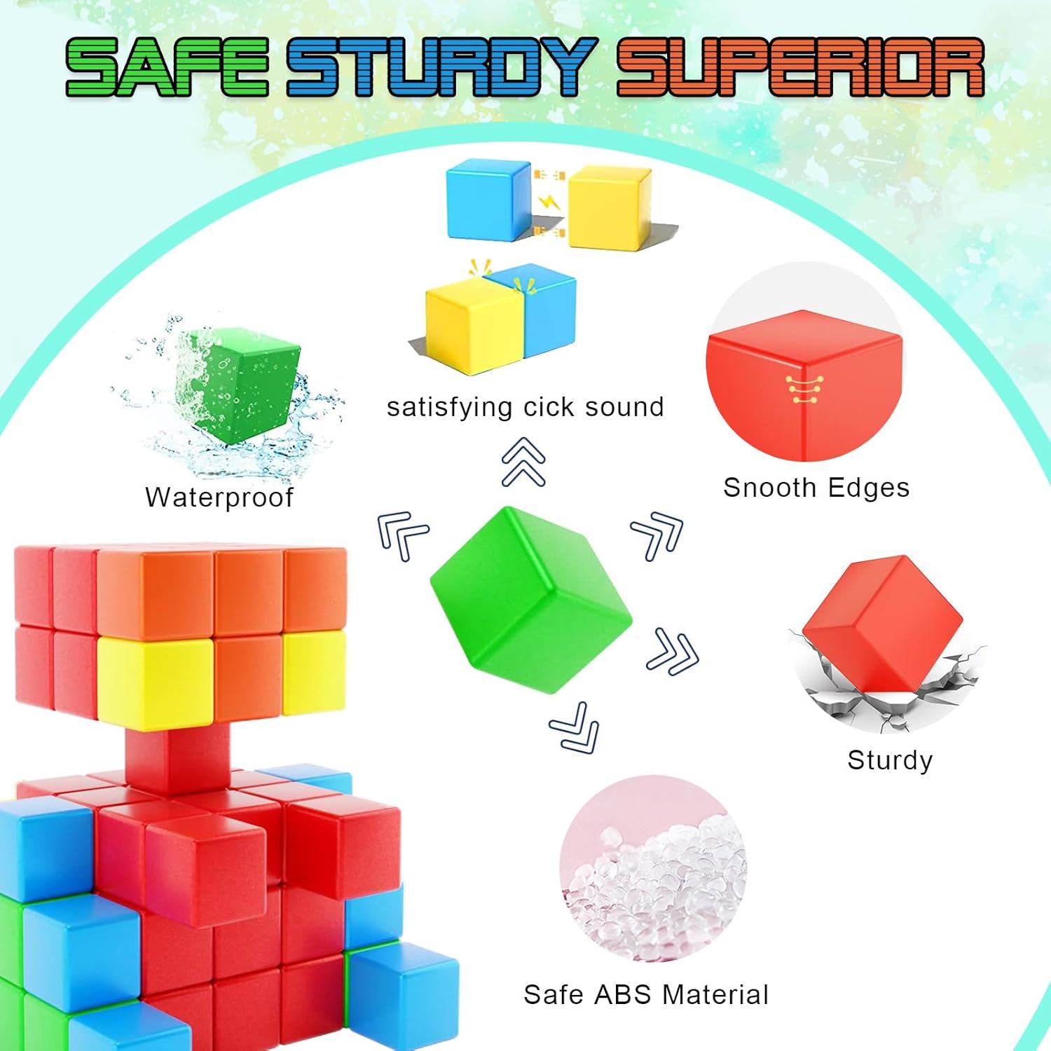 Diagram showing features of AOMIKS magnetic blocks: waterproof, satisfying click sound when connecting, smooth edges, sturdy construction, and made from safe ABS material.