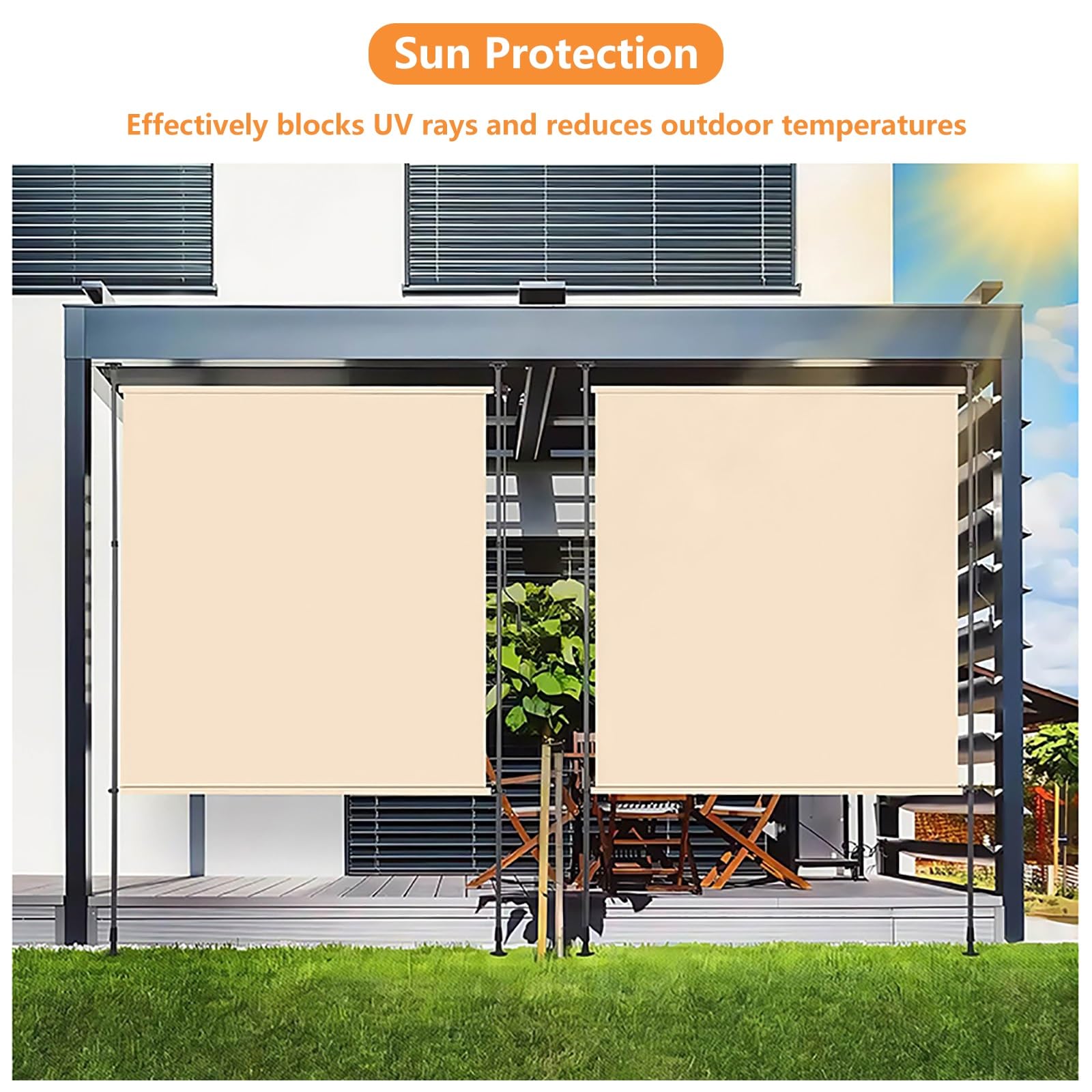 Tende da Sole A Rullo Retrattili per Esterni per Patio Impermeabili Verticali Avvolgibili Manualmente Protezione della Privacy(Beige+White,150cm(59in))