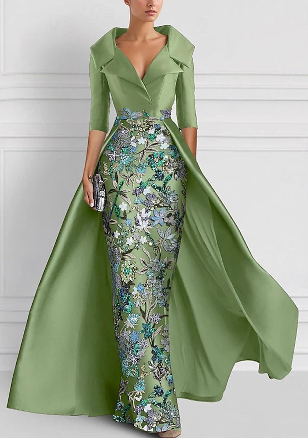 Ballgown A-Line Evening Gown Elegant Formal Dresses Half Sleeve Floor Length Shirt Collar Satin with Embroidered - Image 2